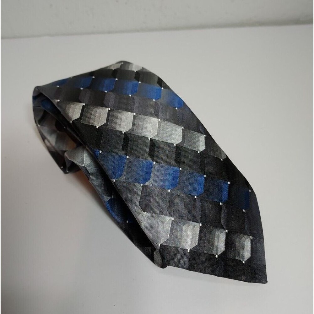 Van Heusen 100% Silk Geometric Tie Blue Black‎ Gray Silver Men's Church Work